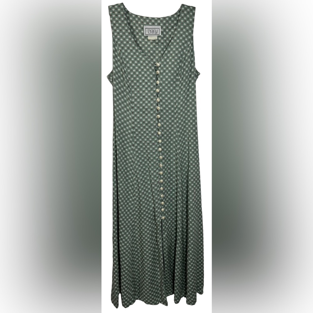 Vintage Green Patterned Button-Front Midi Dress